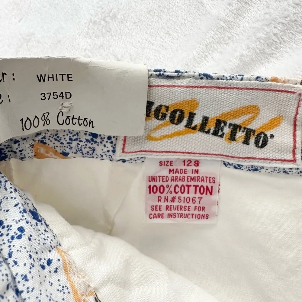 Vintage Rigolletto White Cotton Print Cuffed Pants Kids 12 Short Loose Fit NWT